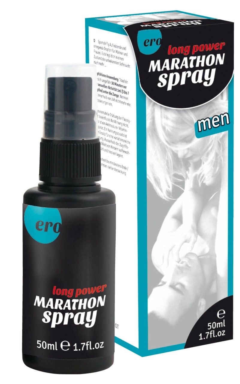 Flesje Ero Marathon Spray naast de verpakking voor mannen, 50ml.