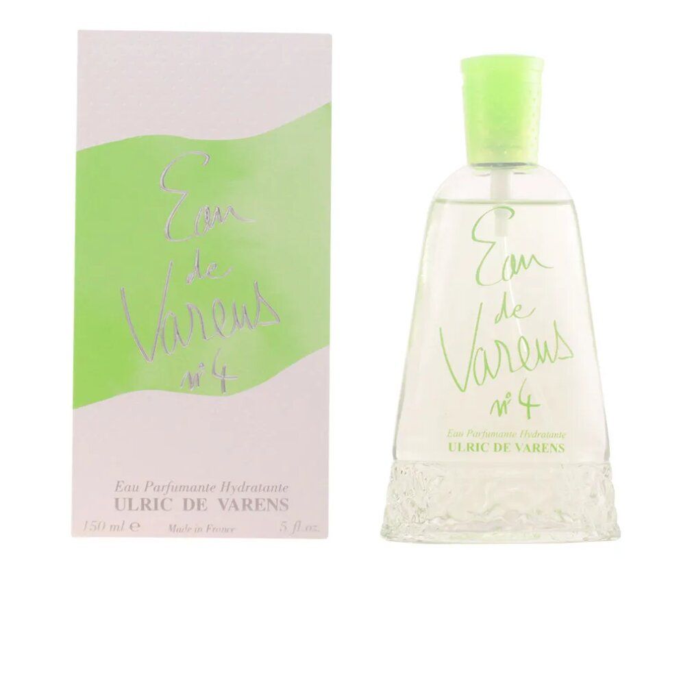 Flacon et emballage Eau de Varens N°4. Flacon avec bouchon vert, lettrage. Emballage avec bande verte et lettrage.