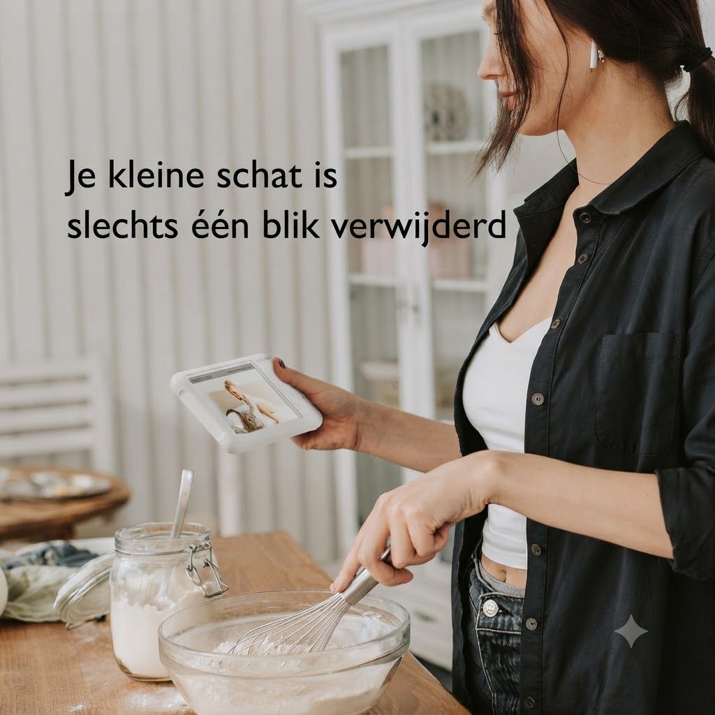 Vrouw houdt fotolijst vast tijdens het koken in de keuken.
