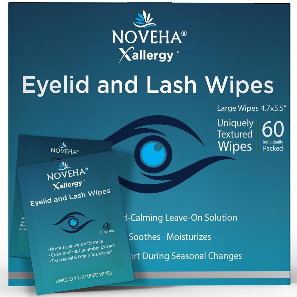 Productverpakking met NOVEHA Xallergy Eyelid and Lash Wipes. 60 individueel verpakte doekjes. Tekst: Grote doekjes 4,7x5,5".
