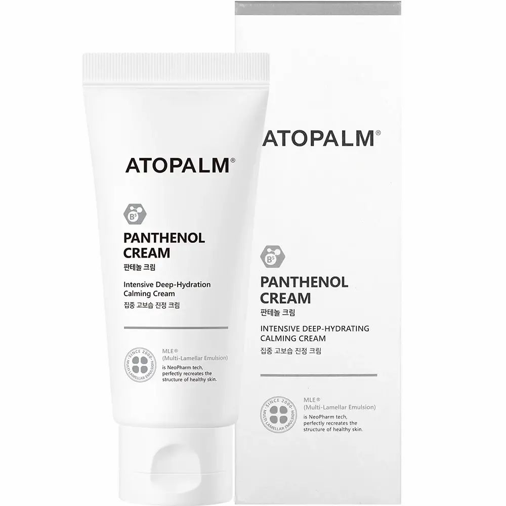 Tube et emballage avec nom et logo du produit. Inscription : ATOPALM, Panthenol Cream. Texte : Intensive Deep-Hydration Calming Cream.