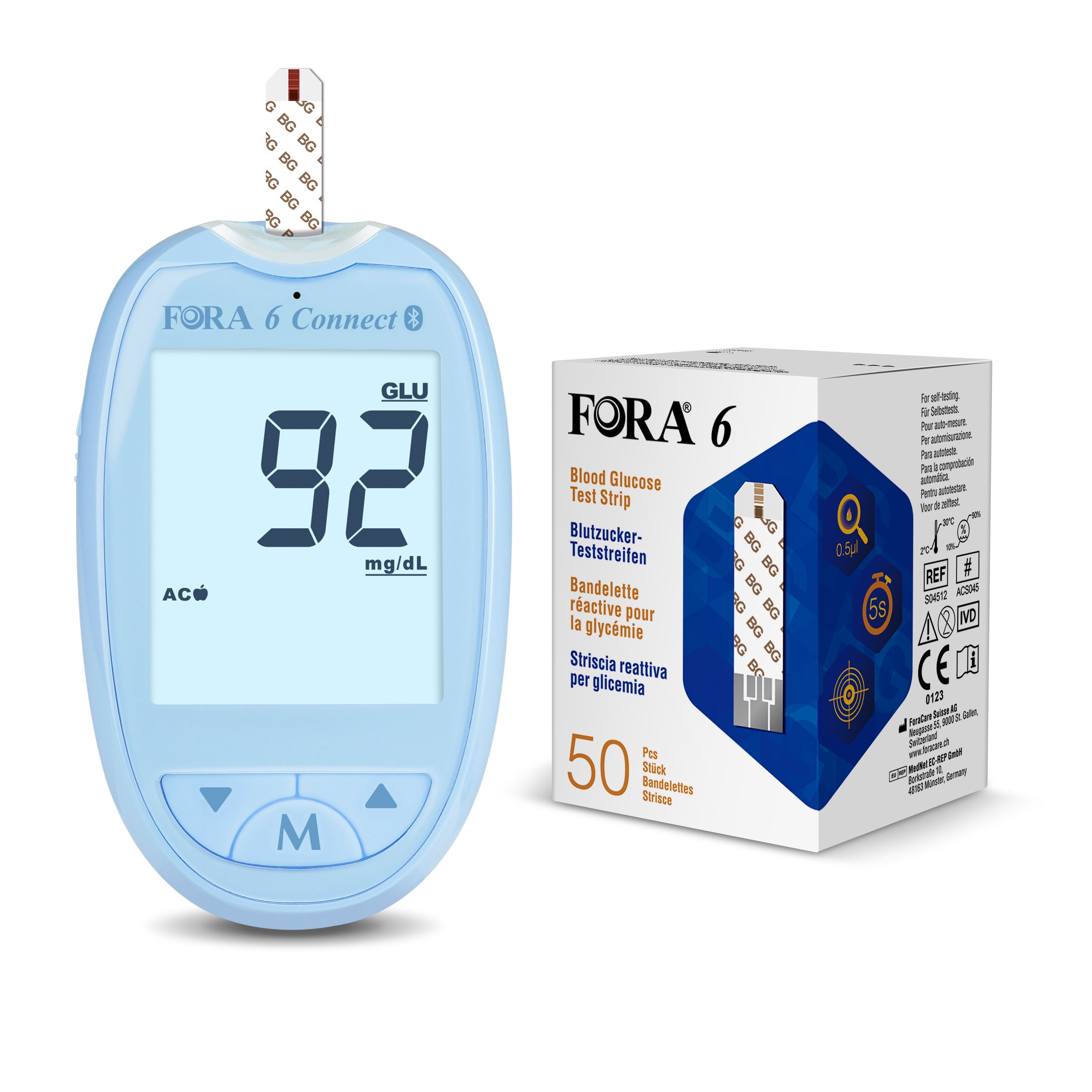 FORA 6 Connect bloedglucosemeter, blauw. Display: 92 mg/dl. Doos met 50 strips. Tekst: FORA 6, bloedglucose teststrips.