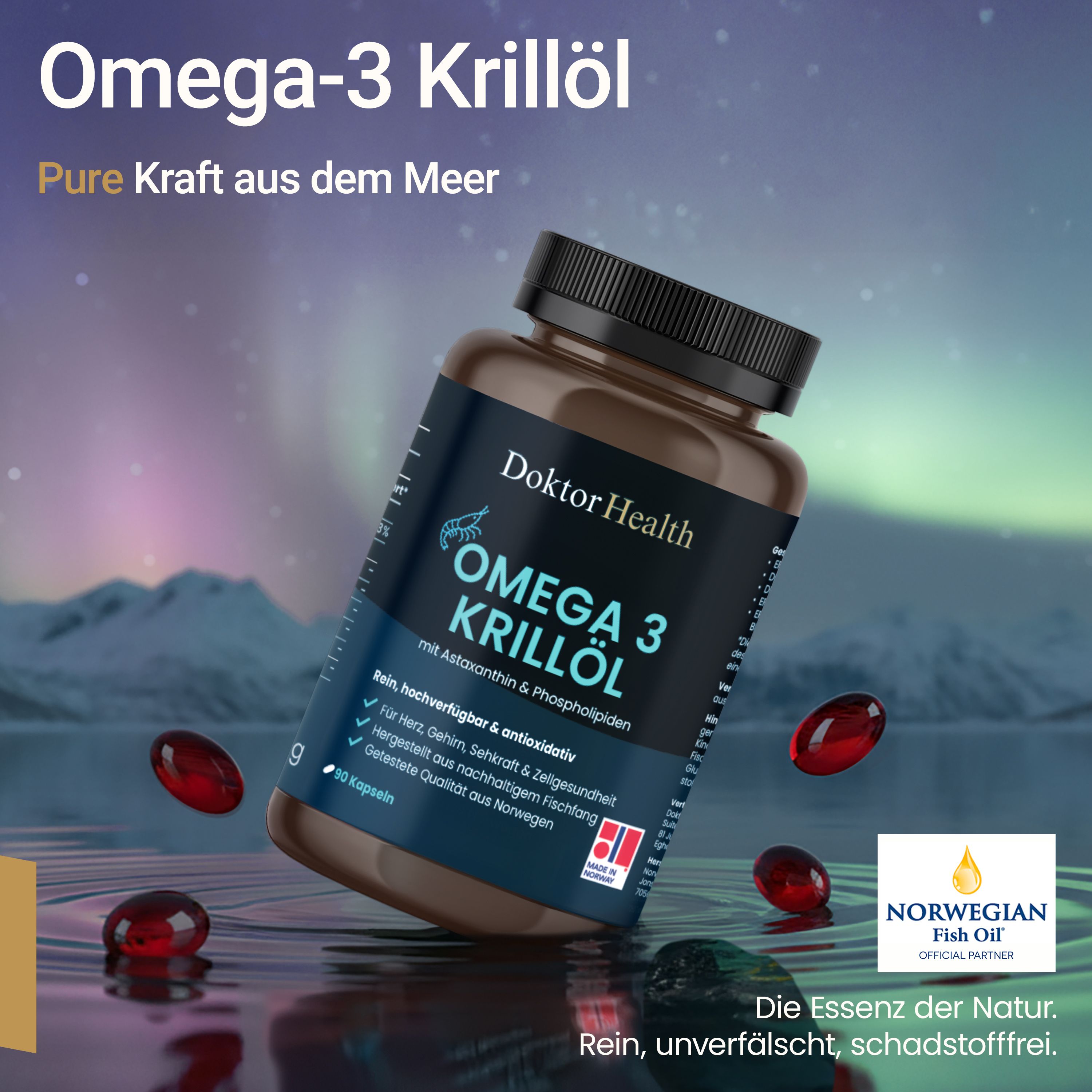 Fles Omega-3 Krillolie en rode capsules. Tekst: Pure Kraft aus dem Meer. Logo: Norwegian Fish Oil Official Partner. Achtergrond: Natuur.