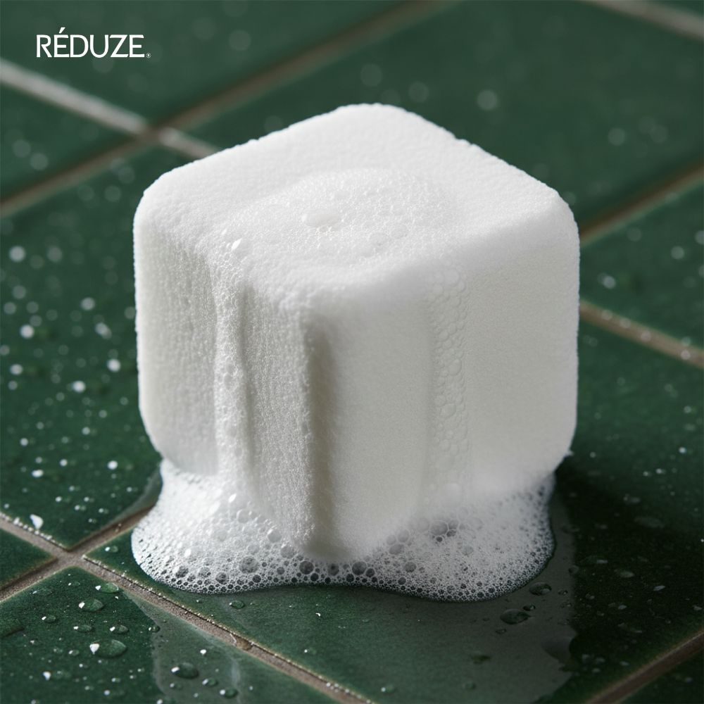 Un cube de douche blanc et moussant sur un sol carrelé vert.