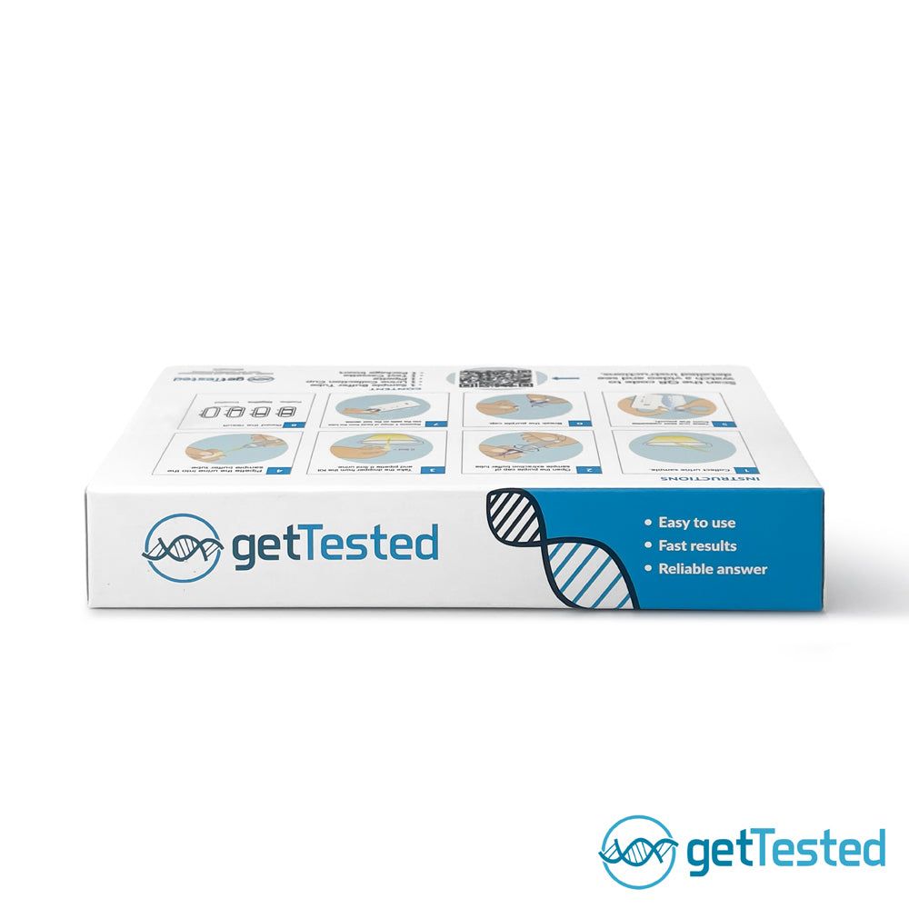 GetTested Chlamydia testdoos. Bevat geïllustreerde instructies en QR-code. Lijst met testcomponenten.