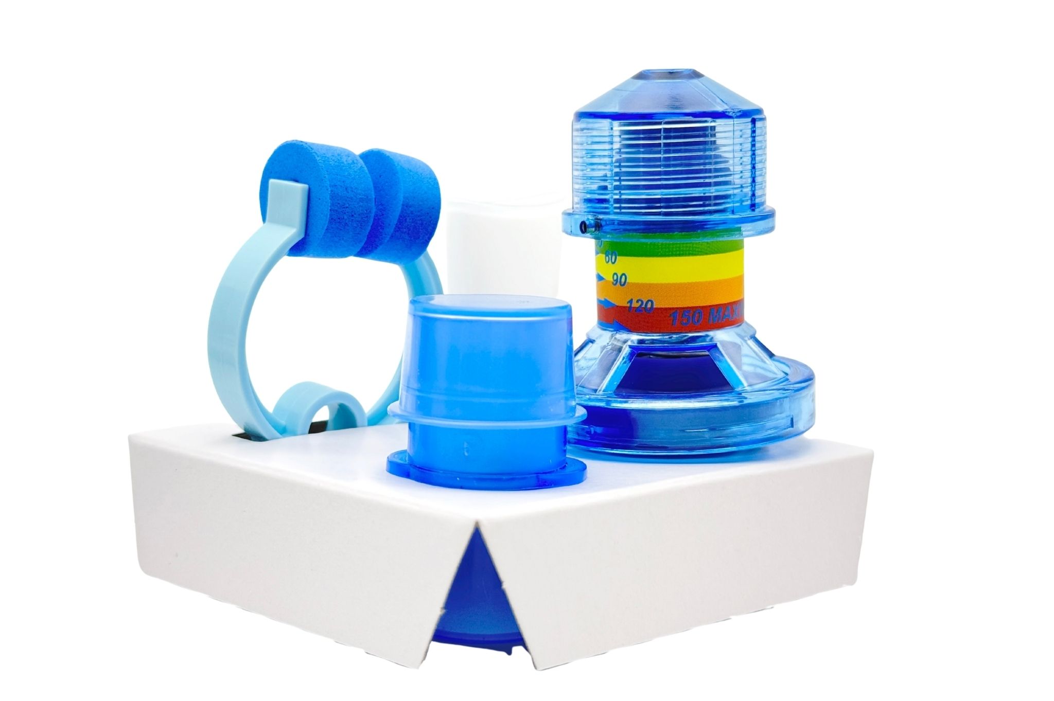 Ademhalingsspiertrainer set in een verpakking met mondstuk, neusklem en containers.