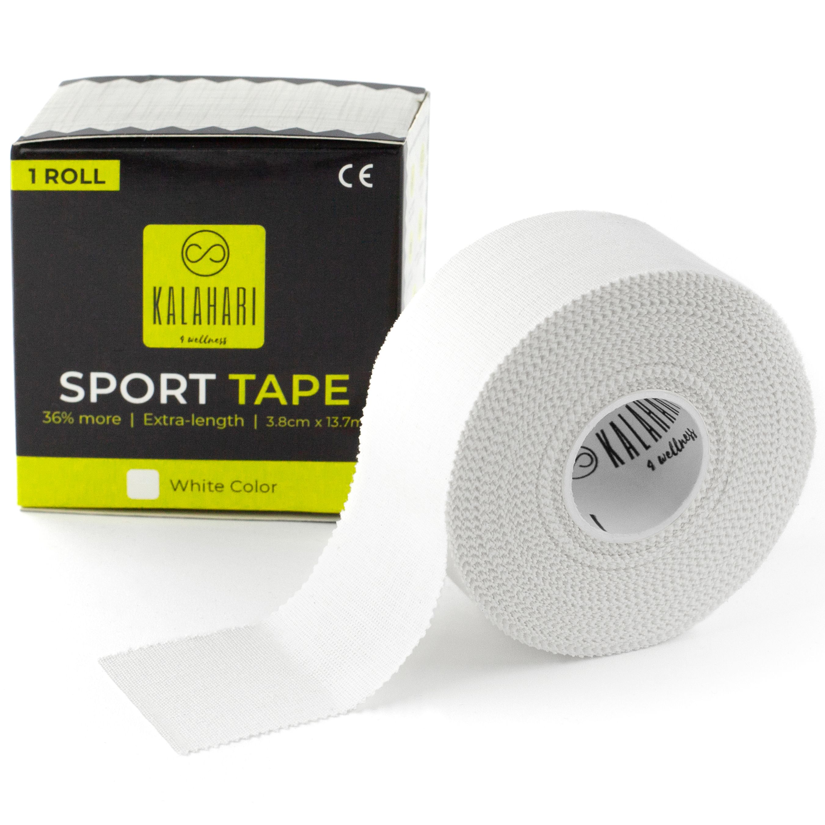 Een rol wit sporttape naast een geopende verpakking met opschrift "KALAHARI SPORT TAPE".