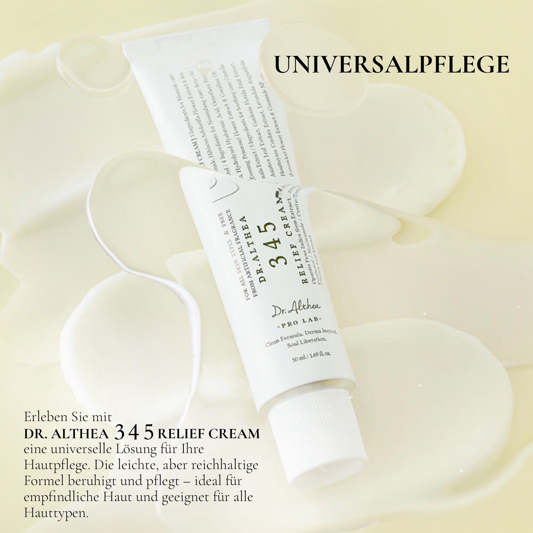 Twee tubes Dr. Althea 345 Relief Cream. Tekst: Universele oplossing voor huidverzorging. Geschikt voor de gevoelige huid.