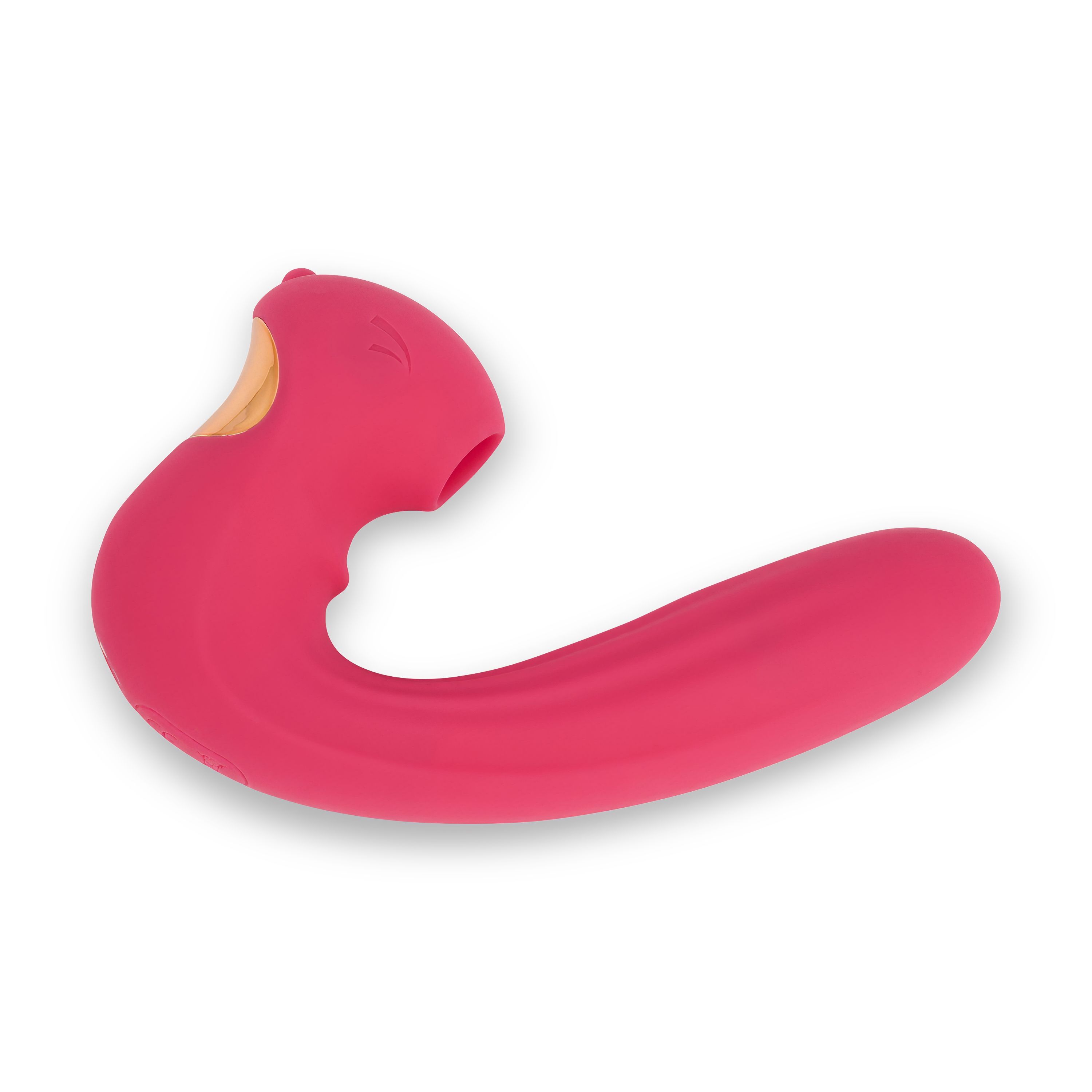 Vibrateur rose de forme incurvée. Ouverture visible à l'extrémité. Accent doré.