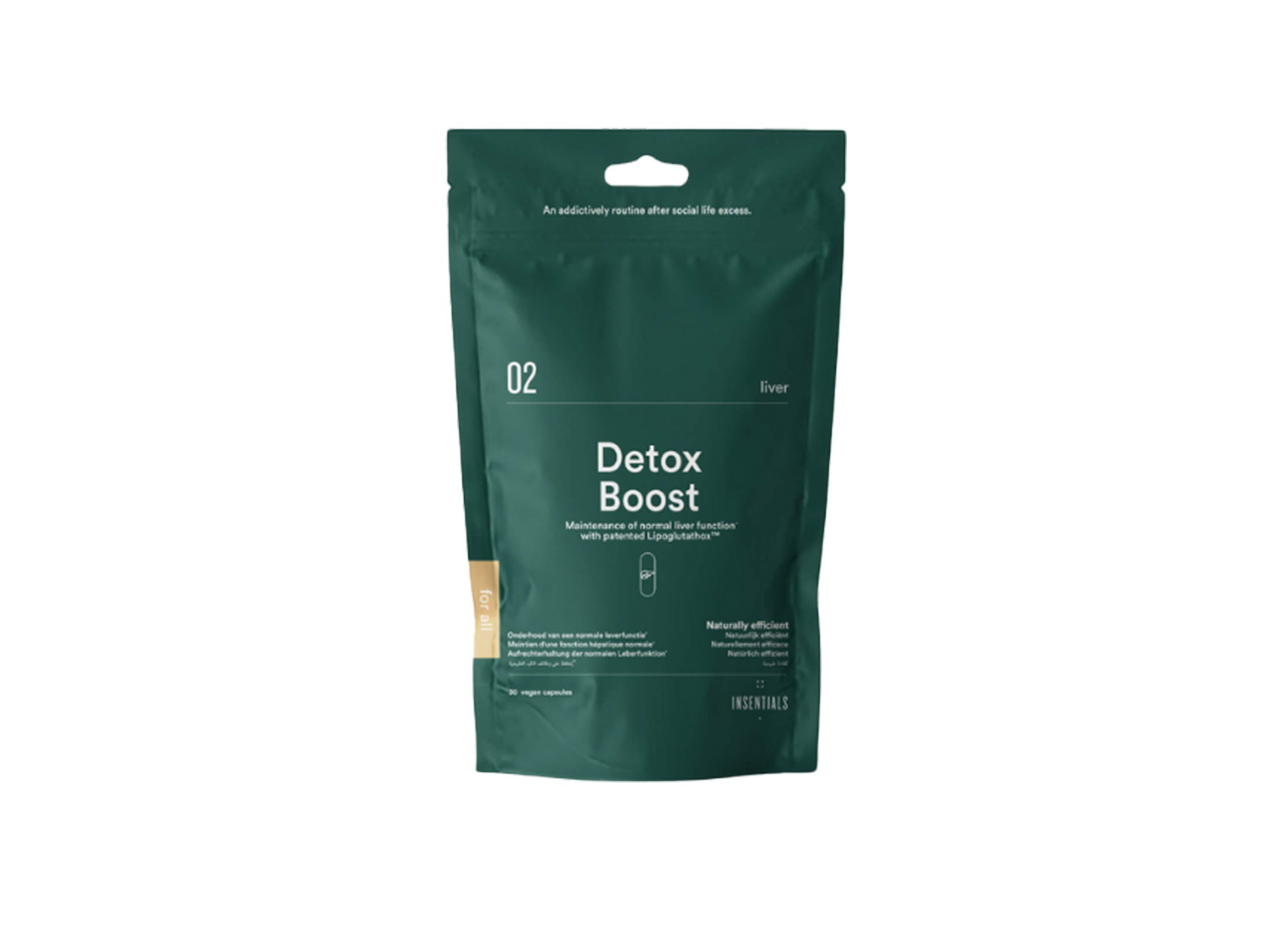 Groene verpakking met "Detox Boost". Ophanghaak. Tekst: "Insentials".