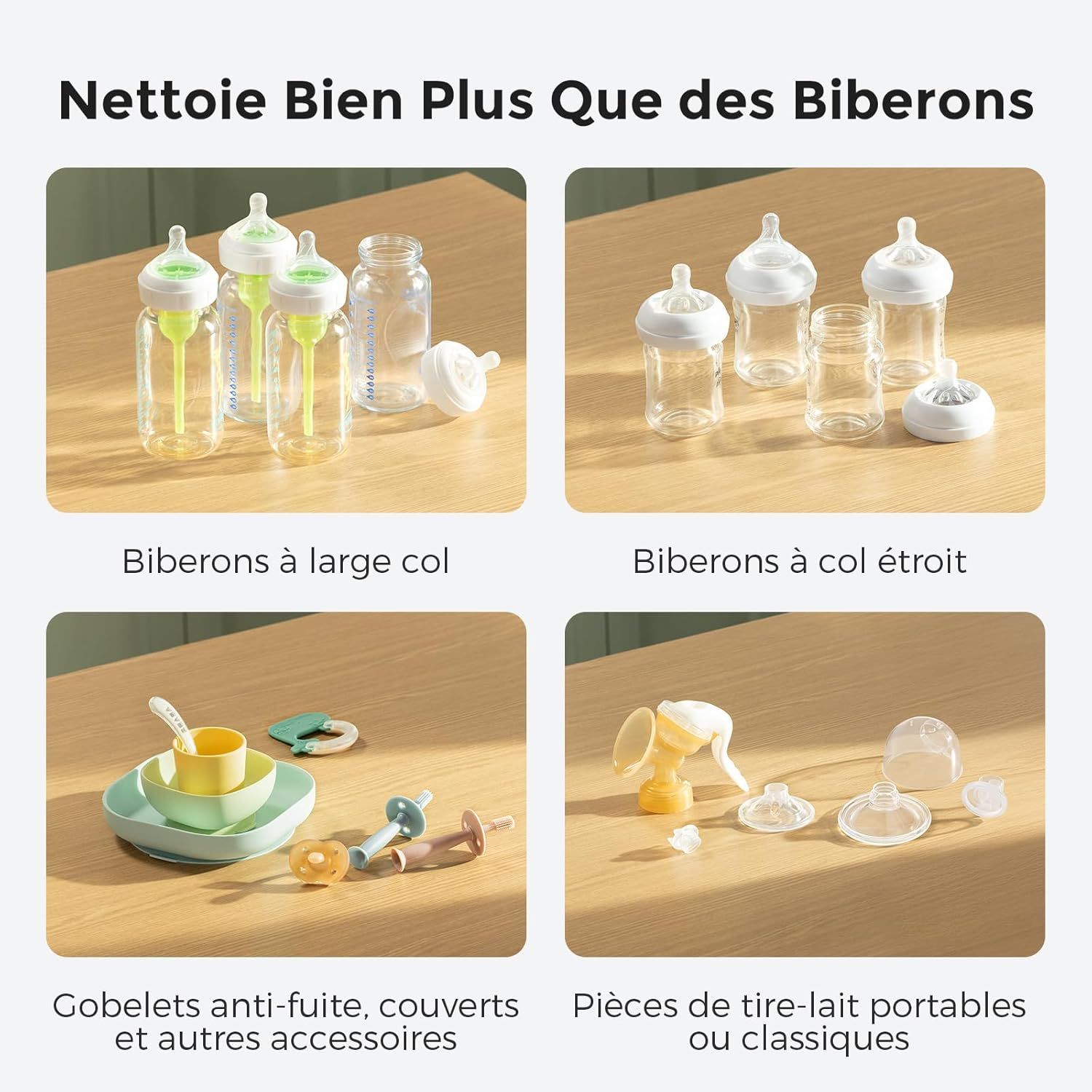 Plusieurs biberons à large goulot et accessoires.