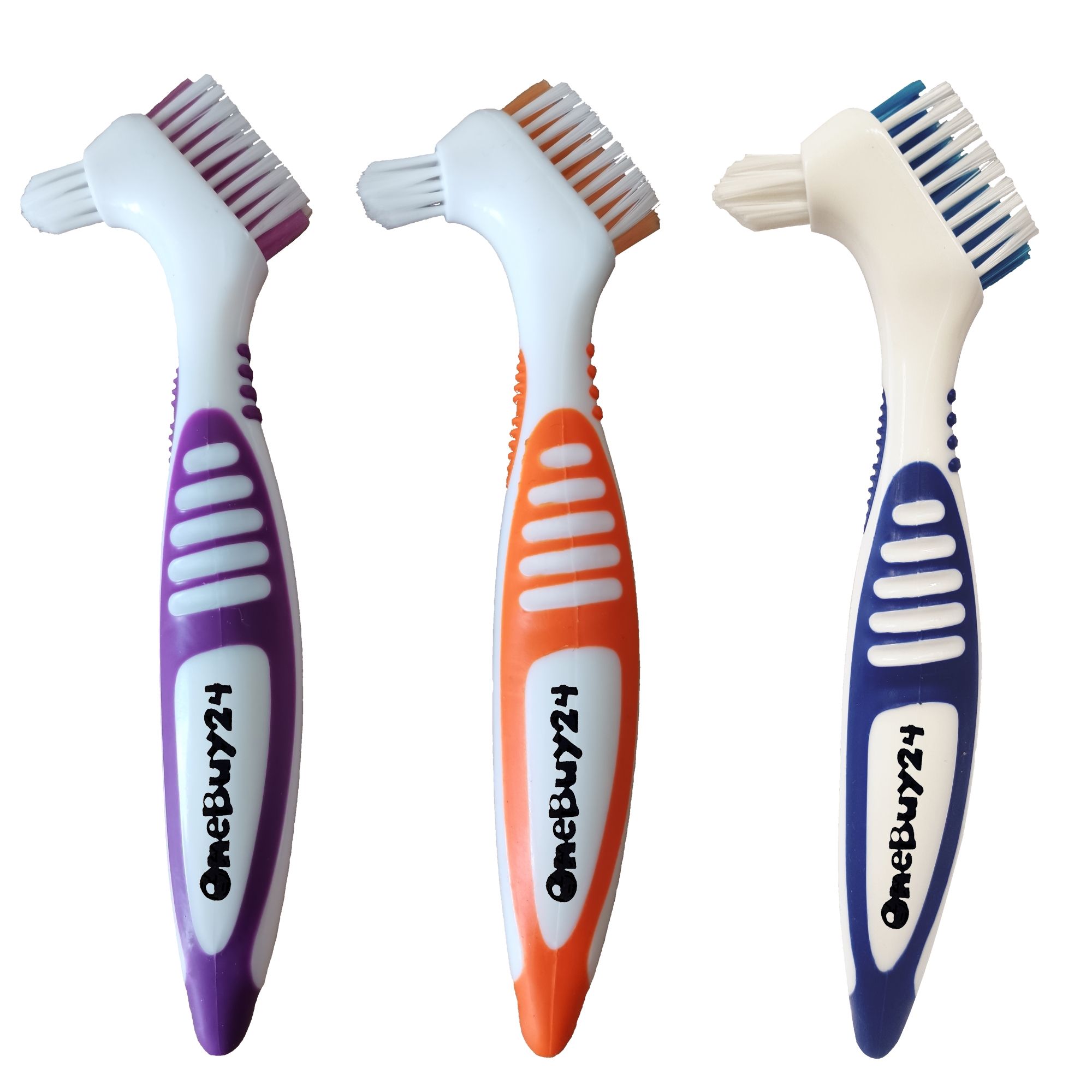Drie prothese tandenborstels met gekleurde handvatten: paars, oranje en blauw. Merk: OneBuy24.