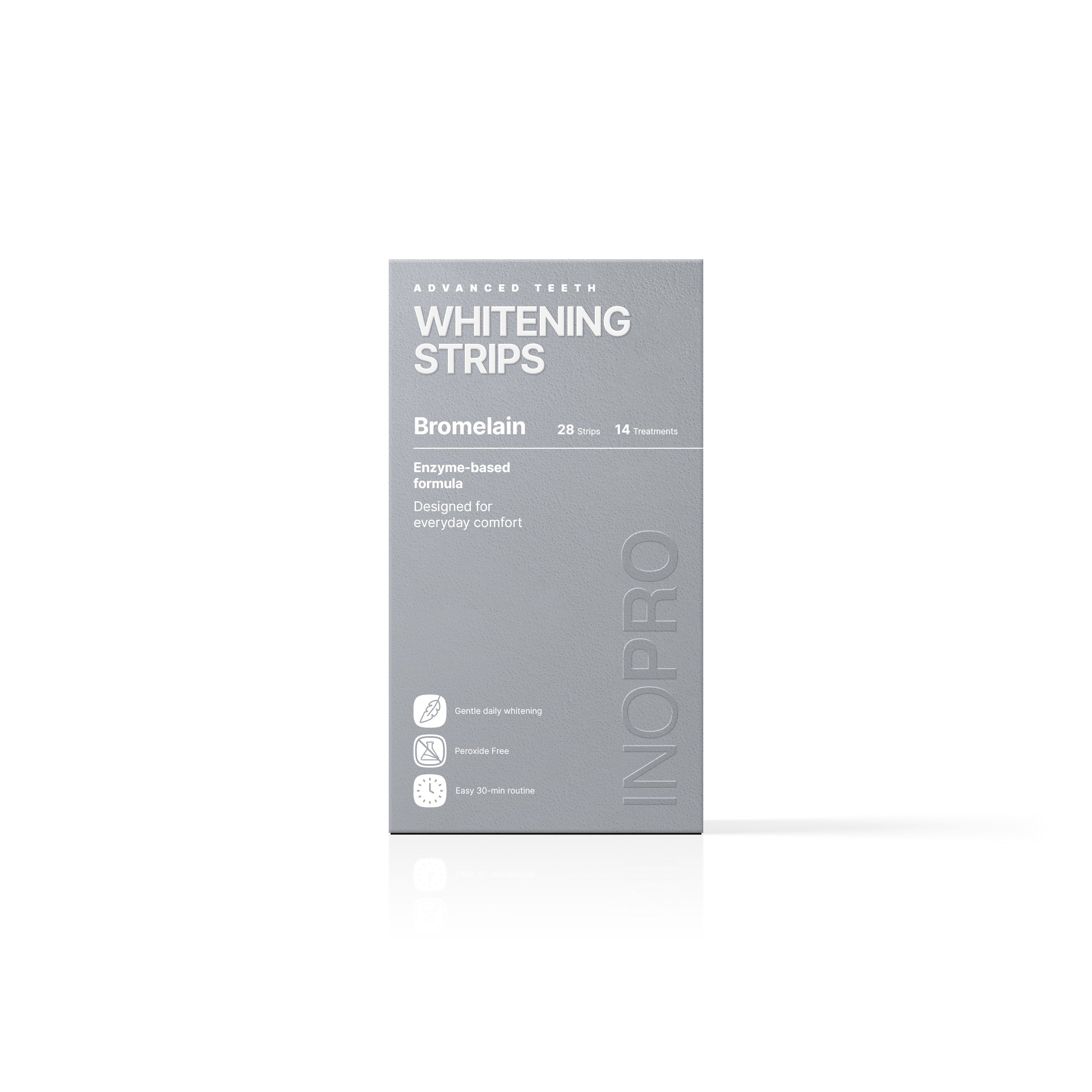 Verpakking van INOPRO whitening strips met bromelaïne, 28 strips voor 14 behandelingen.