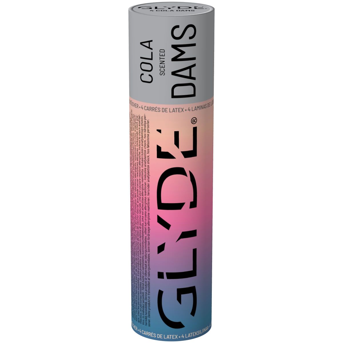 Emballage cylindrique de Glyde Dams. Inscription: Cola Scented, Glyde Dams. Dégradé de rose à bleu.