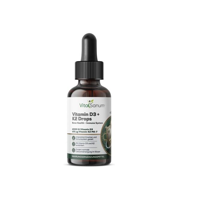 VitaSanum Vitamine D3 + K2 druppels in bruine glazen fles met druppelaar. Voor botten en immuunsysteem.