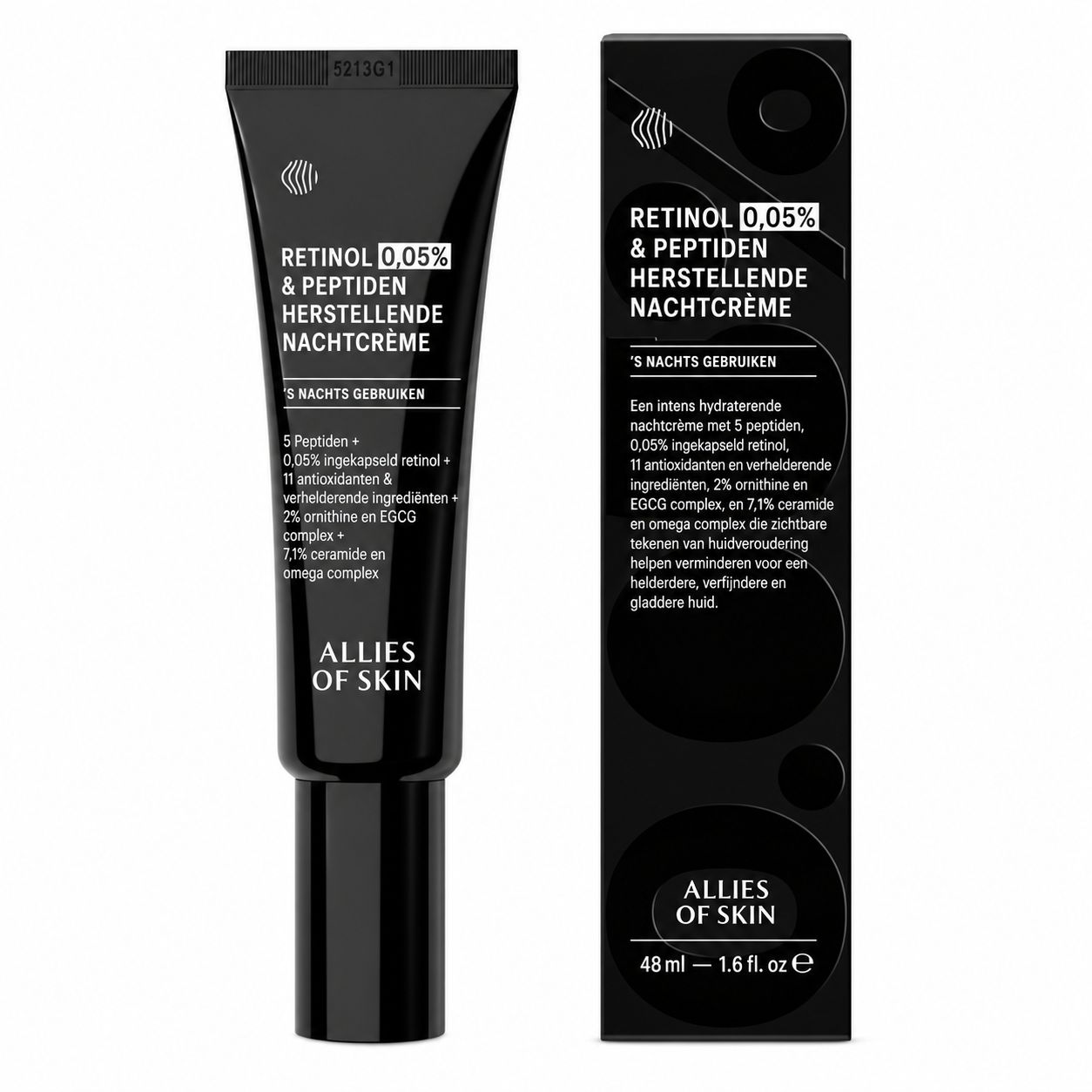 Tube noir avec "Retinol 0.05% & Peptiden Herstellende Nachtcreme" et logo "Allies of Skin".