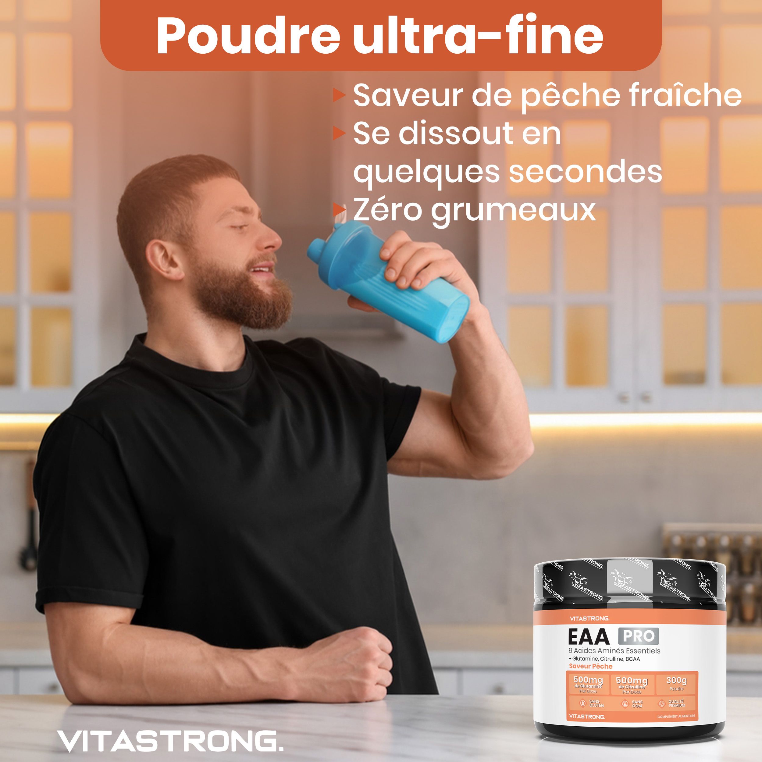 Vitastrong EAA Pro, pot. Voedingswaarde-informatie. Dagelijkse dosis 15g. 20 porties per verpakking. Ingrediënten. 300g perziksmaak.