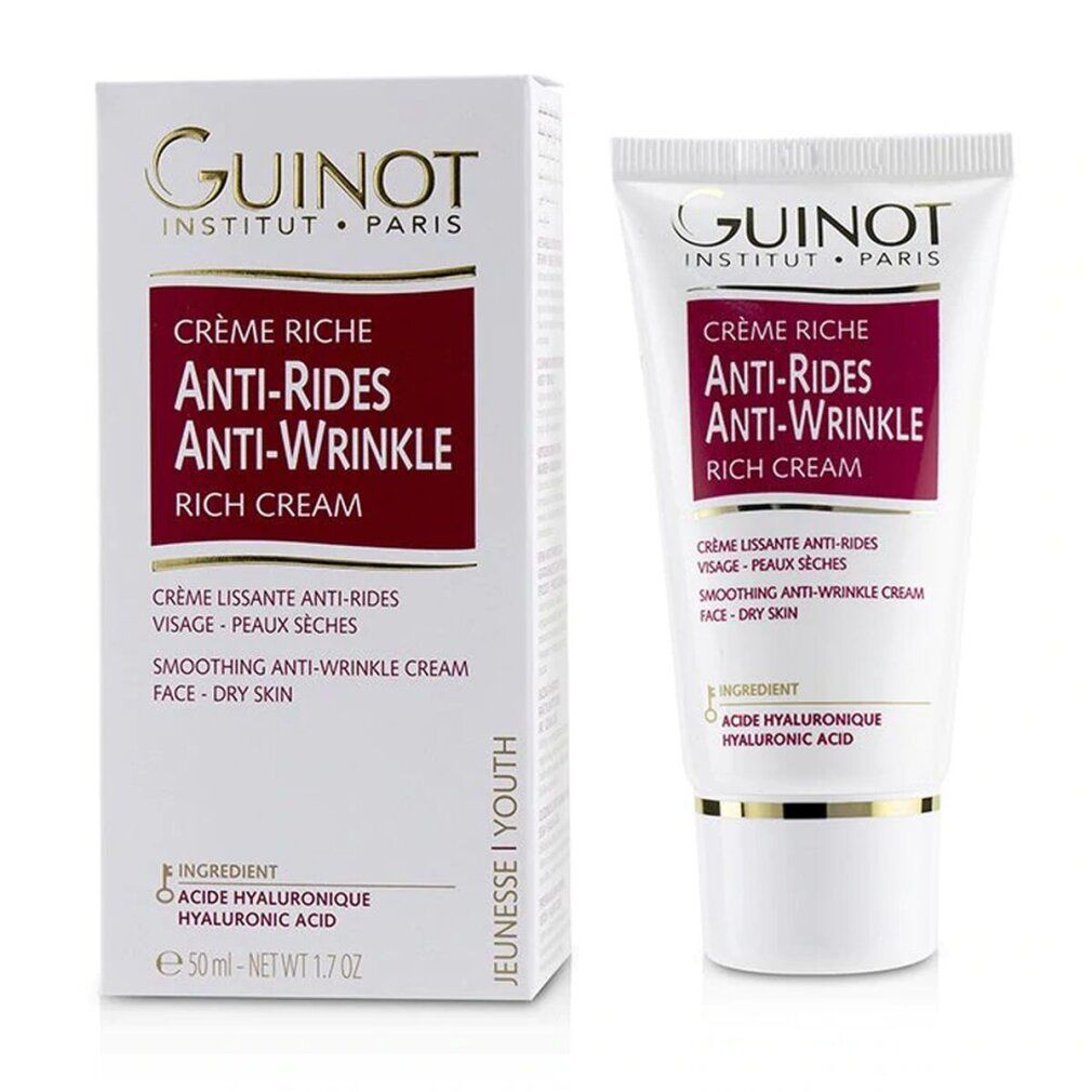 Productverpakking met tube en doos. Tekst: Crème Riche Anti-Rides Anti-Wrinkle. Merk: Guinot. Voor droge huid. 50 ml.