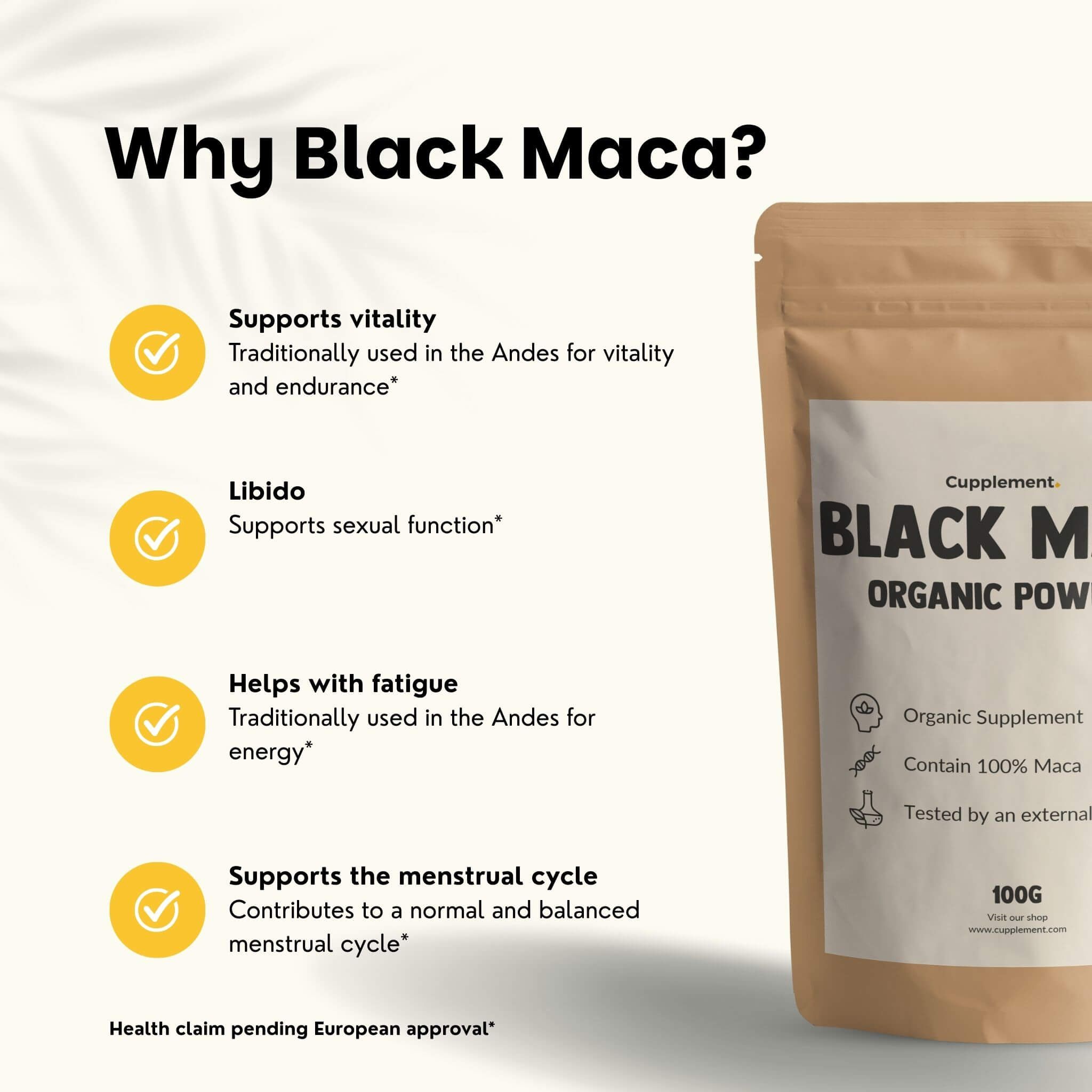 Graphique avec texte: Pourquoi Maca Noire? Soutient vitalité, libido, aide à la fatigue, soutient cycle menstruel.