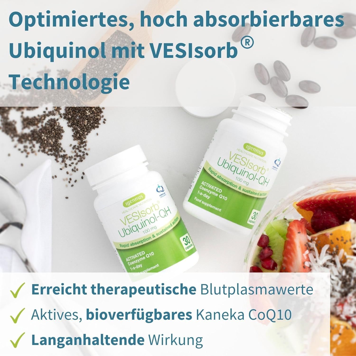 Deux flacons d'Igennus Ubiquinol-QH à côté d'une salade de fruits et de graines.