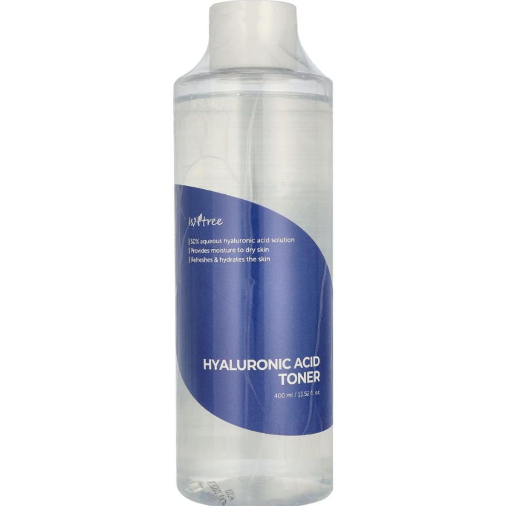 Isntree Hyaluronic Acid Toner, 400 ml. Liquide clair dans une bouteille transparente avec étiquette bleue.