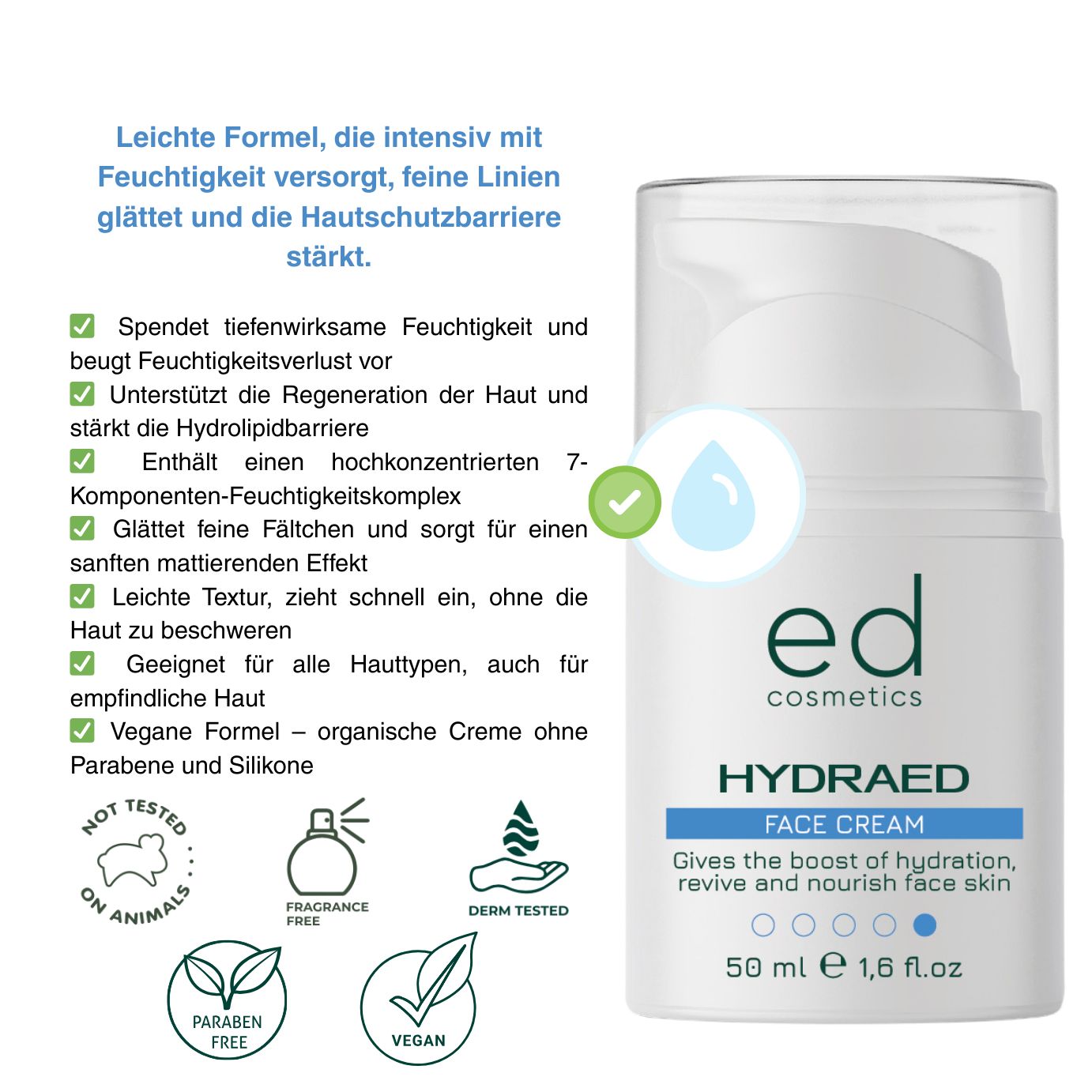 Flacon de crème blanc avec pompe. Inscription: ed cosmetics, HYDRAED FACE CREAM. Logos: vegan, sans cruauté, etc.