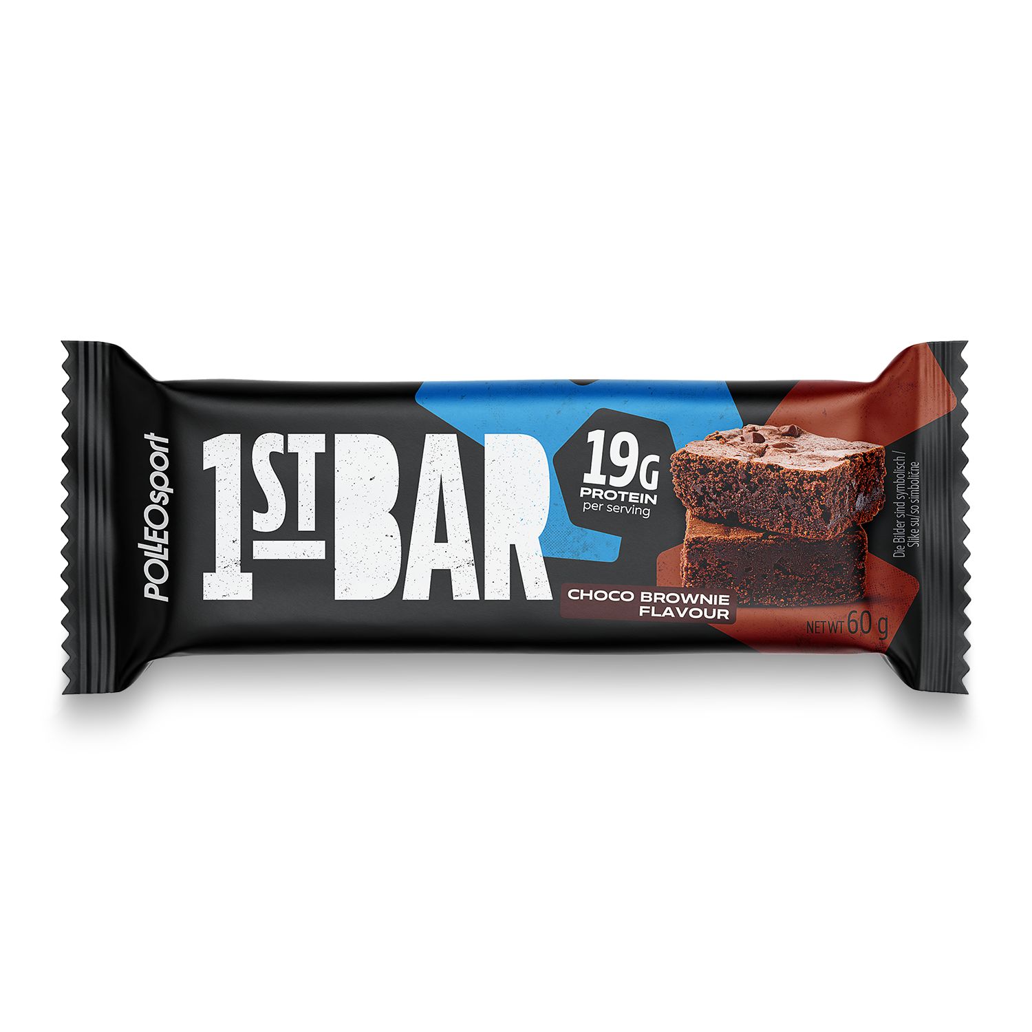 Zwarte eiwitreepverpakking met '1ST BAR'. Smaak 'Choco Brownie'. 19g eiwit. 60g. Merk: PolleoSport.