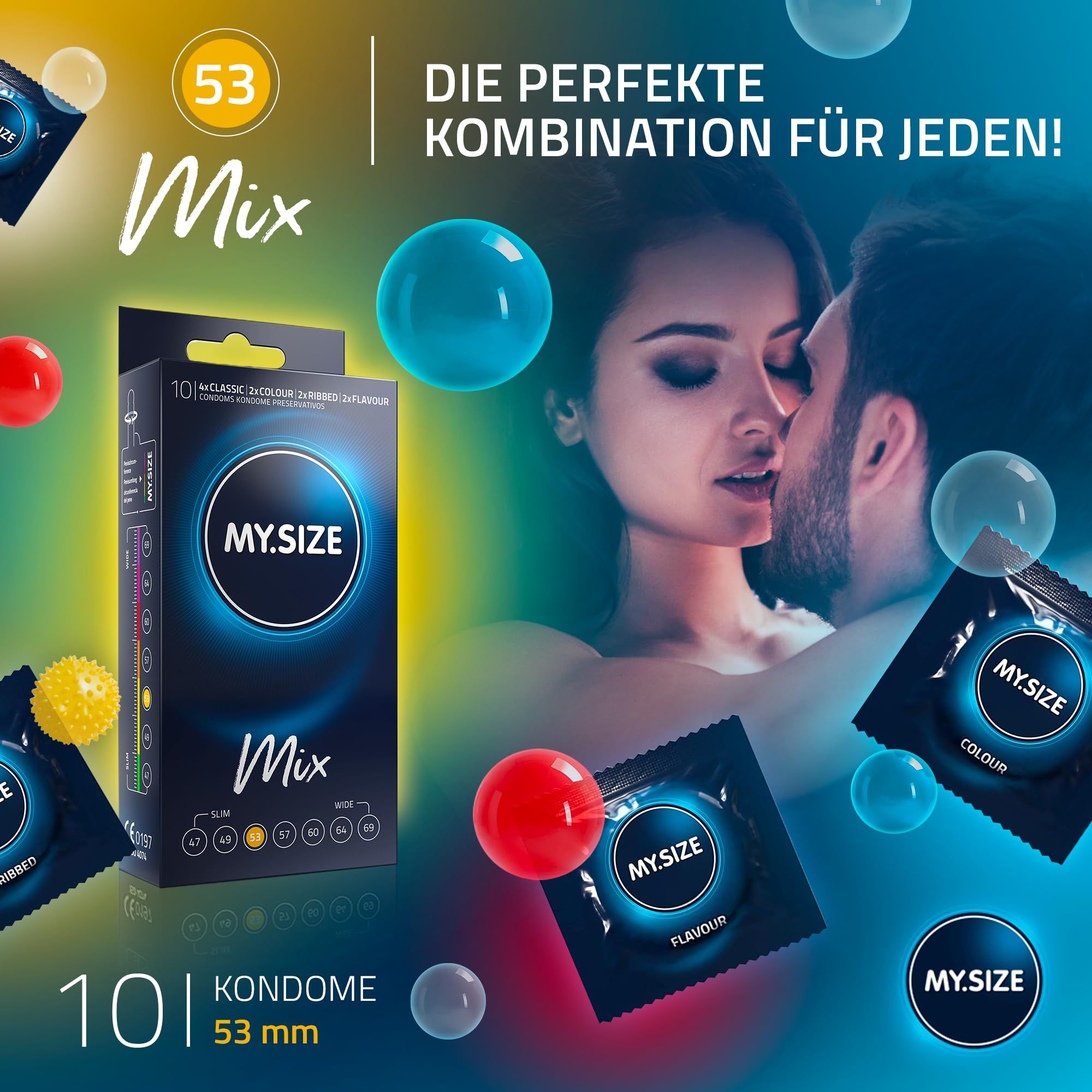 Pack de préservatifs MY.SIZE Mix, 10 préservatifs, largeur 53 mm. Contient les variantes Classic, Colour, Flavour et Ribbed.