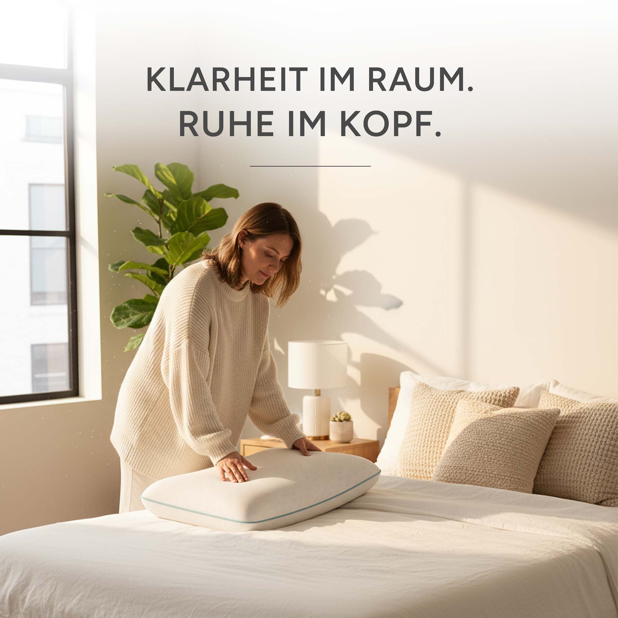 Een vrouw legt een wit kussen op een bed in een slaapkamer.