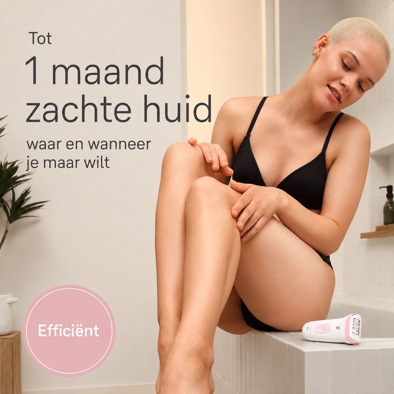 Een witte en roze epileerapparaat ligt op de rand van een badkuip naast een zittende vrouw.