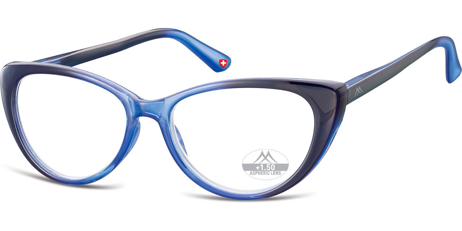 Lunettes bleues en forme d'œil de chat. Dégradé de bleu clair à foncé. Croix suisse sur la branche. "+1.50" visible sur les verres.