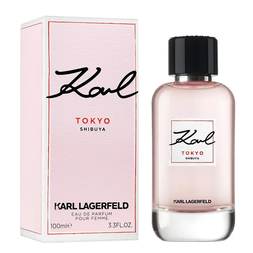 Karl Lagerfeld Kl Tokyo Femme Eau De Parfum Spray. Flacon rose, bouchon noir, emballage rose. Inscription Karl, Tokyo, Shibuya.