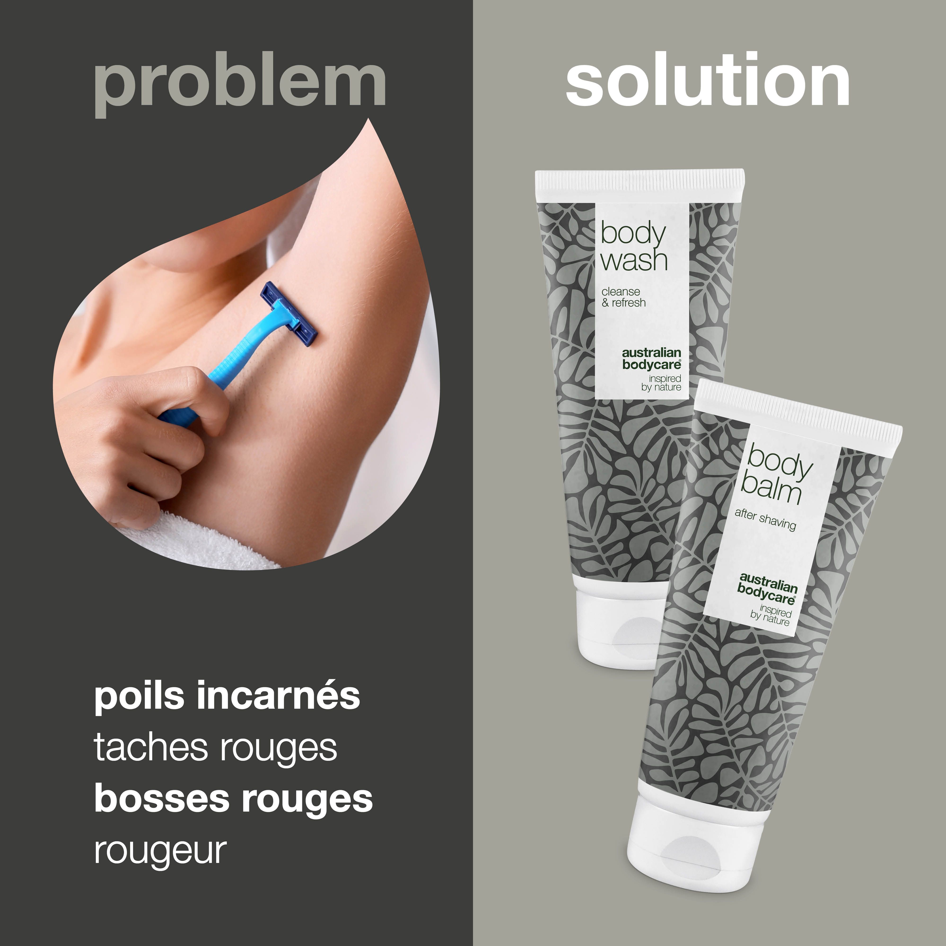 Comparaison : problème (rasage) et solution (tubes). Texte : poils incarnés, taches rouges, bosses rouges.