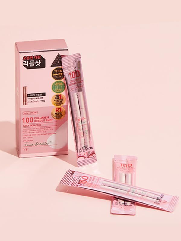 VT COSMETICS 100 Collagen Reedle Shot dagelijkse verzorging in roze verpakking met individuele ampullen.