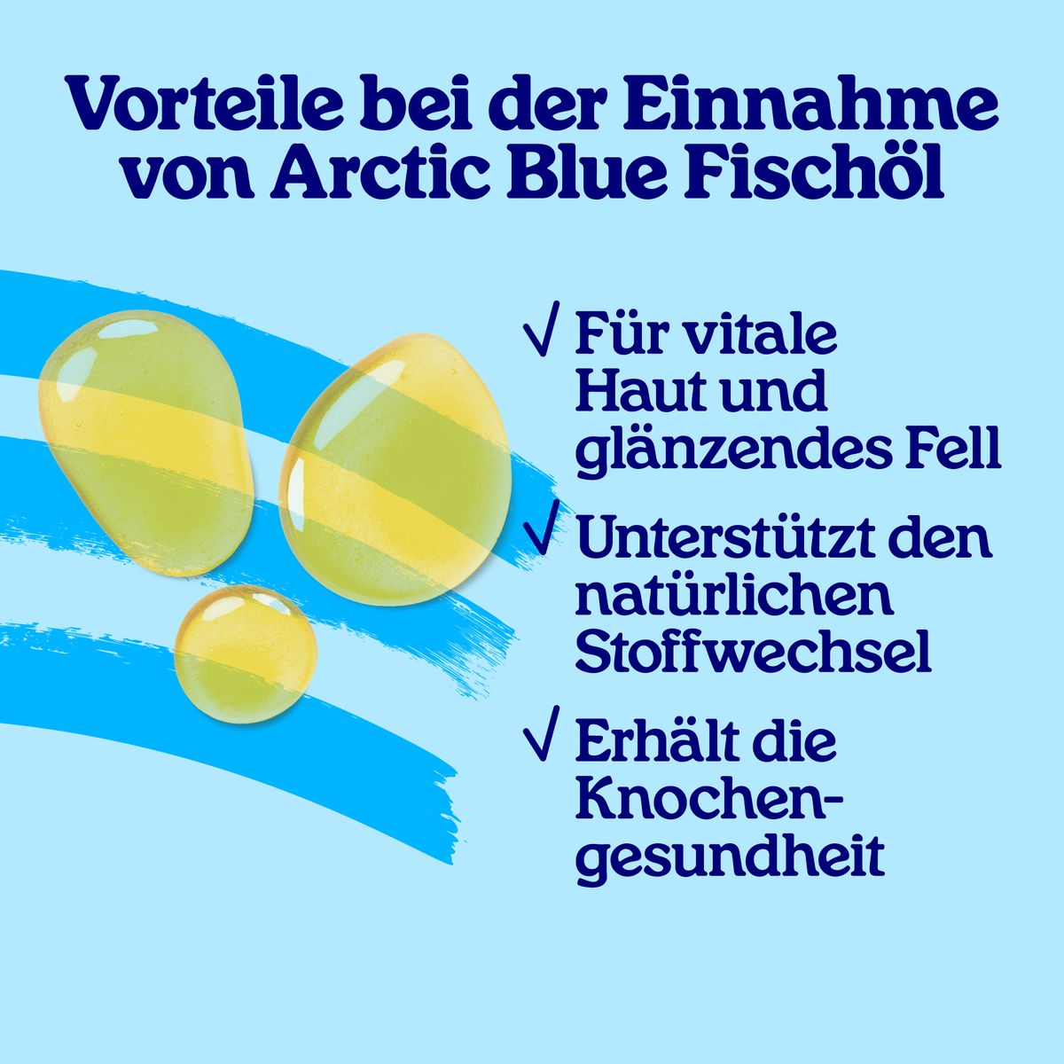 Graphique avec gouttes jaunes et texte: Avantages de l'huile de poisson Arctic Blue. Pour peau, pelage, métabolisme, os.