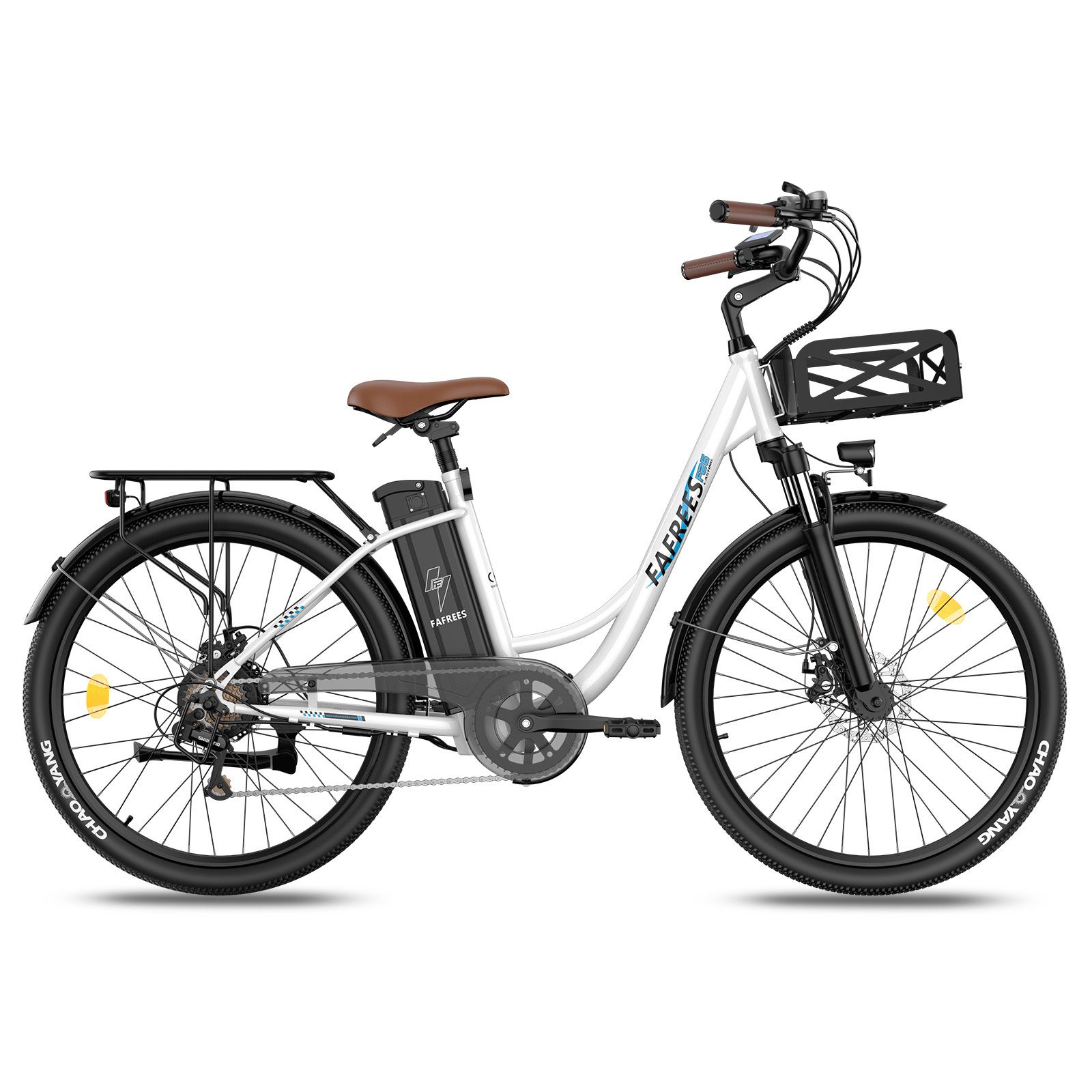 Vélo électrique Fafrees F26 blanc, avec panier. Pneus noirs, selle et poignées marron. Batterie sur cadre. Porte-bagages.