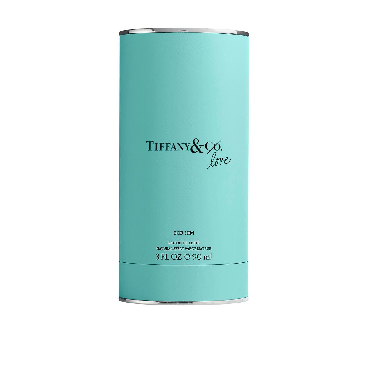 Turquoise cilindrische verpakking. Opschrift: Tiffany & Co. Love. Zilveren rand.