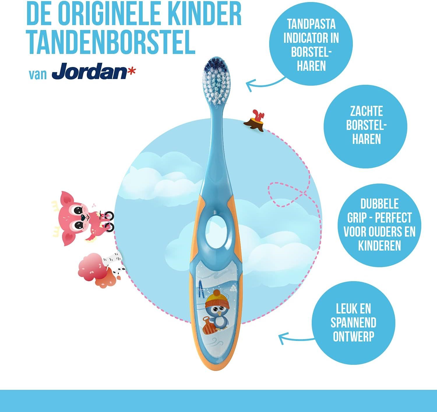 Kinder tandenborstel met pinguïnprint, indicator en dubbele grip.