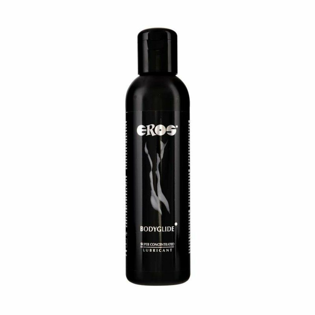 Flacon noir avec EROS Bodyglide Super Concentrated Lubricant. Logo argenté et silhouette stylisée.