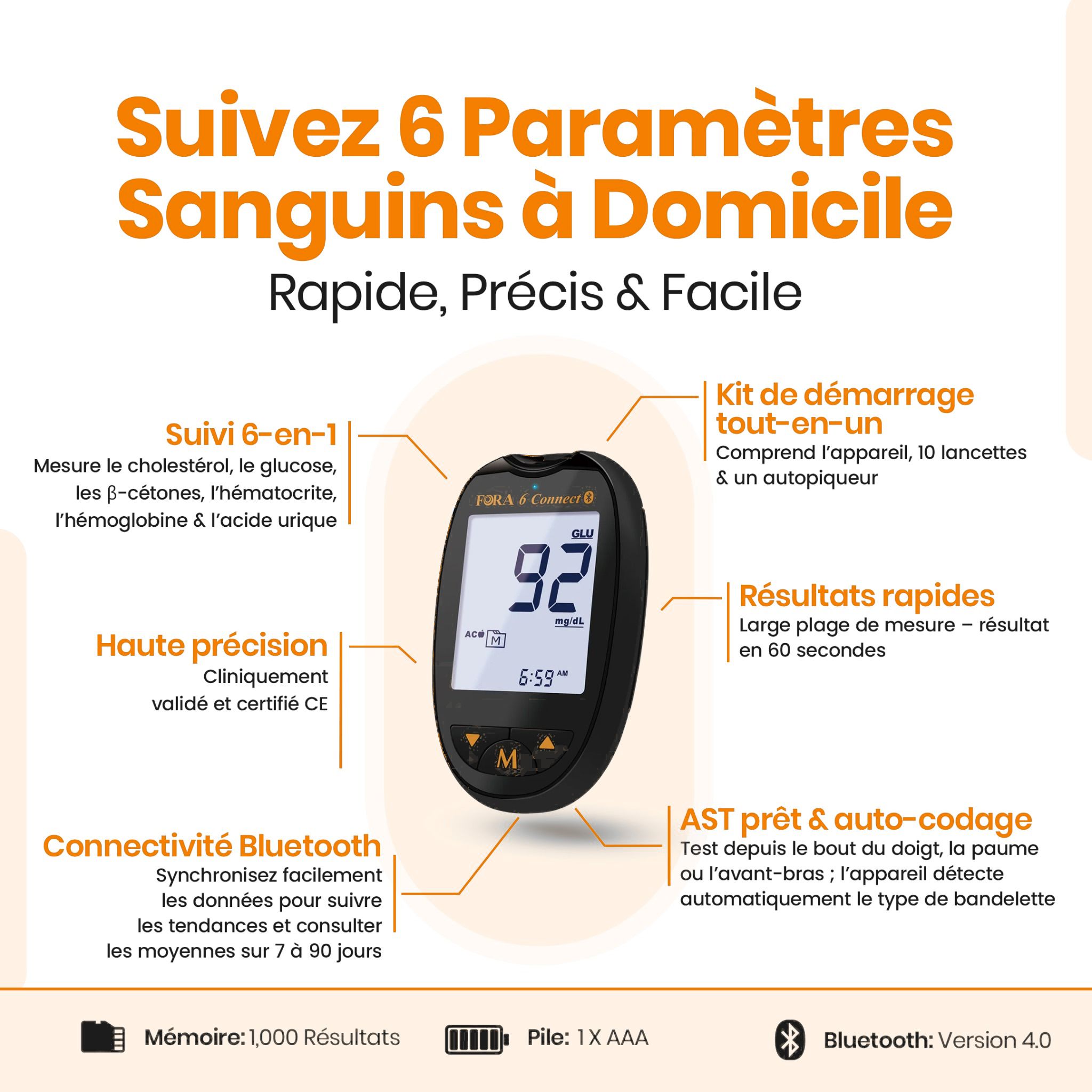Appareil de mesure FORA 6 Connect avec écran affichant 6 paramètres. Affiche 92.