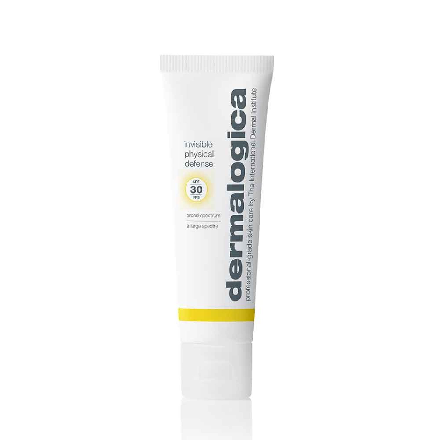 Tube blanc avec bande jaune. Texte: Invisible Physical Defense, SPF 30, Dermalogica. Inscription: broad spectrum & large spectre.