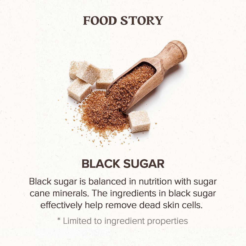 Tekst met de titel BLACK SUGAR. Bruine suiker en suikerklontjes op een houten lepel. Tekst over ingrediënten.
