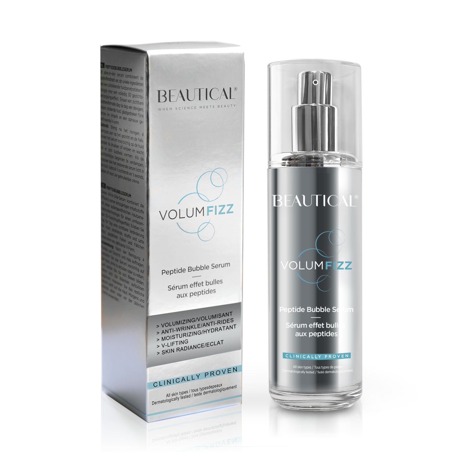 Beautical Volumfizz Peptidbubbleserum en verpakking. Fles en doos met productnaam en details. Op witte achtergrond.