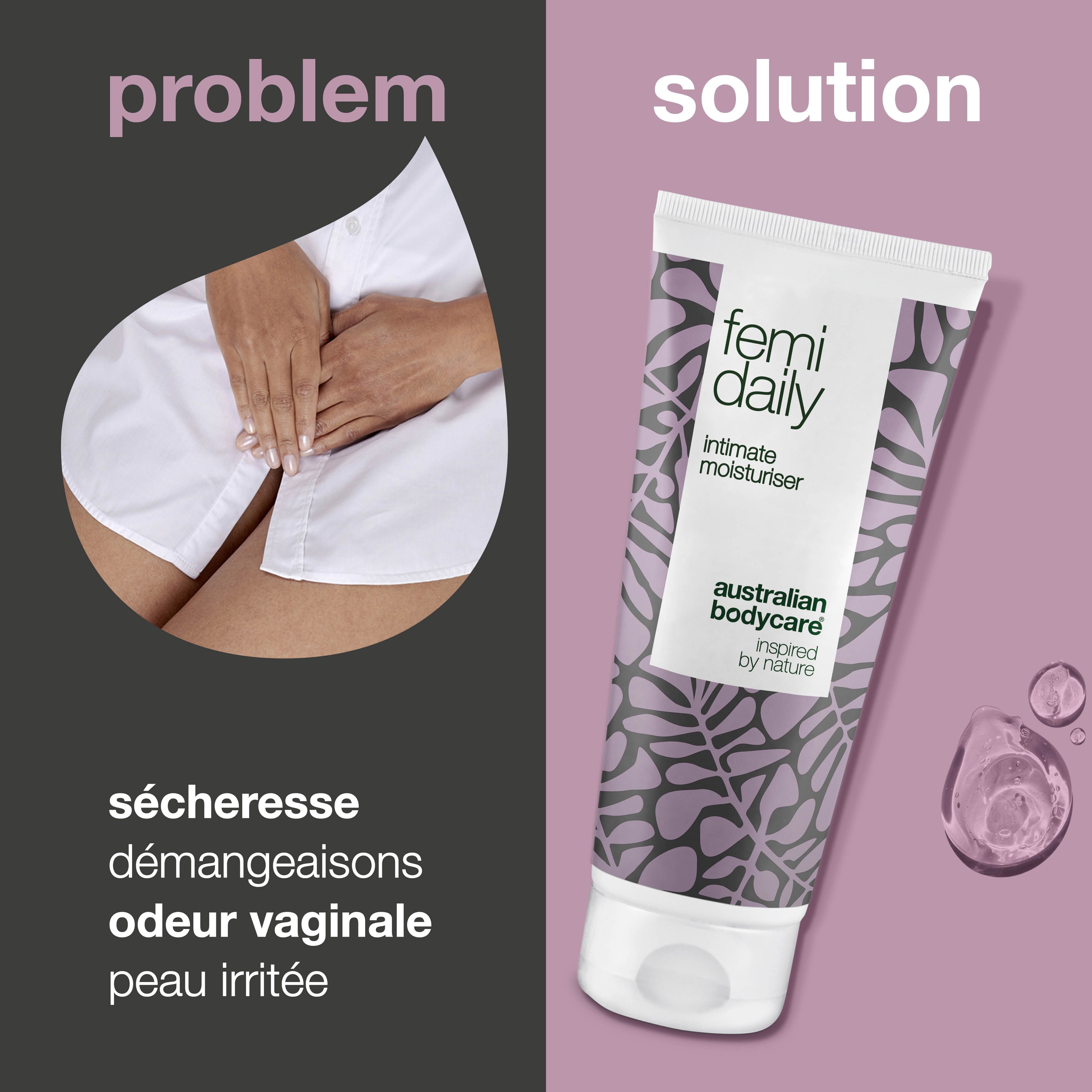 Femi Daily hydratant intime. Concept problème-solution. Texte : sécheresse vaginale.
