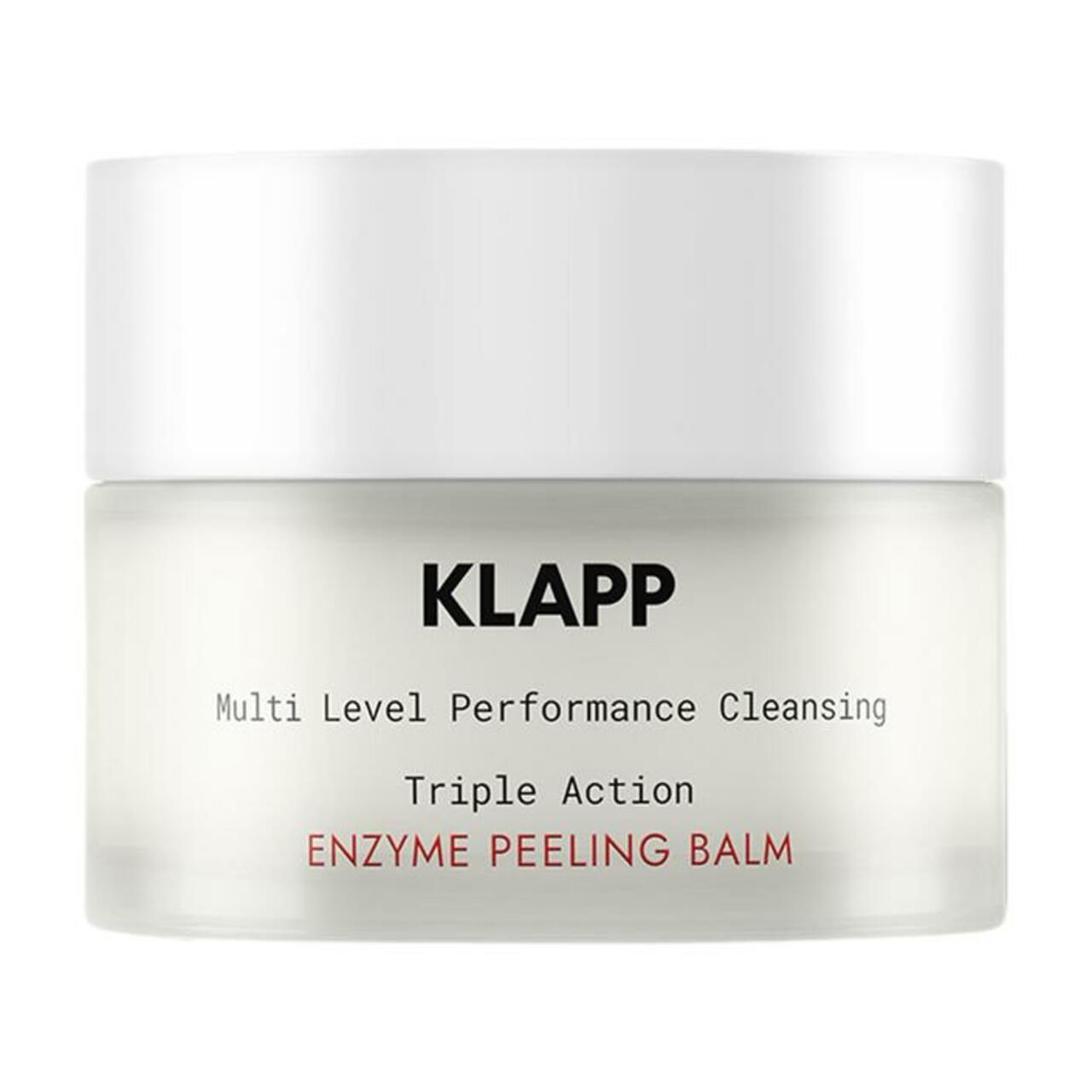 Vergelijkende afbeeldingen: huid voor en na gebruik van Klapp Enzyme Peeling Balm. Tekst in het Duits. Rode achtergrond.