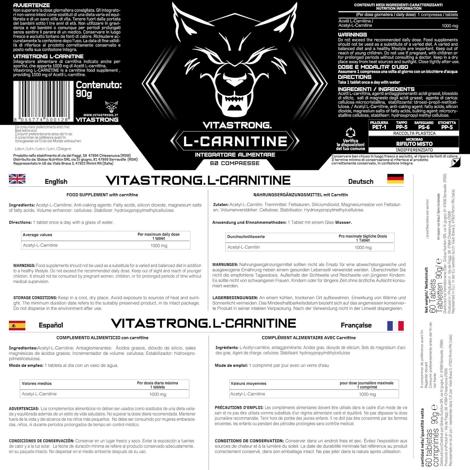 Vitastrong L-Carnitine, 60 comprimés. Flacon noir avec logo tête de loup. Inscription : L-Carnitine. Couple avec mètre ruban.