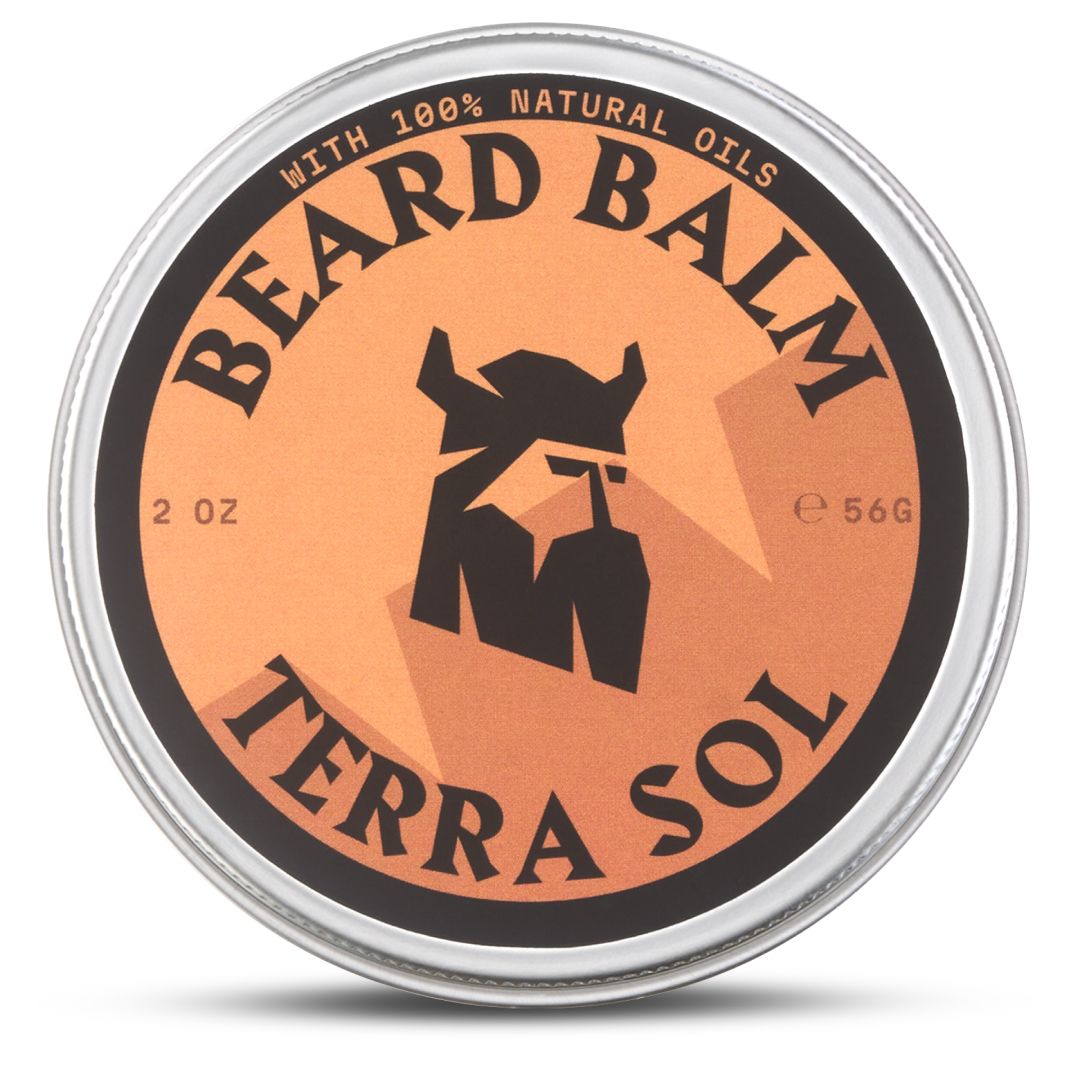 Blikje baardbalsem Terra Sol met viking-icoon. Bevat 56g.