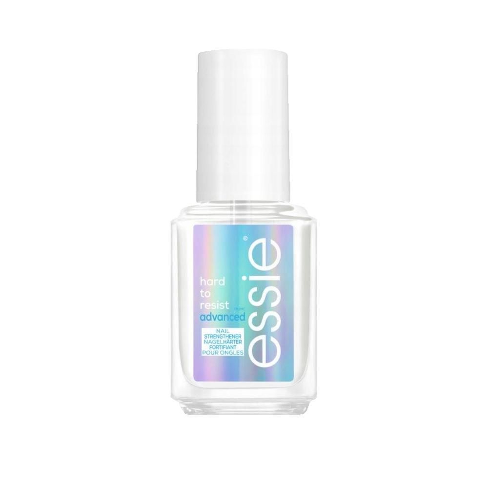 Essie Hard to Resist Advanced nagelversterker. Transparante fles met witte dop. Productnaam en merk op etiket.