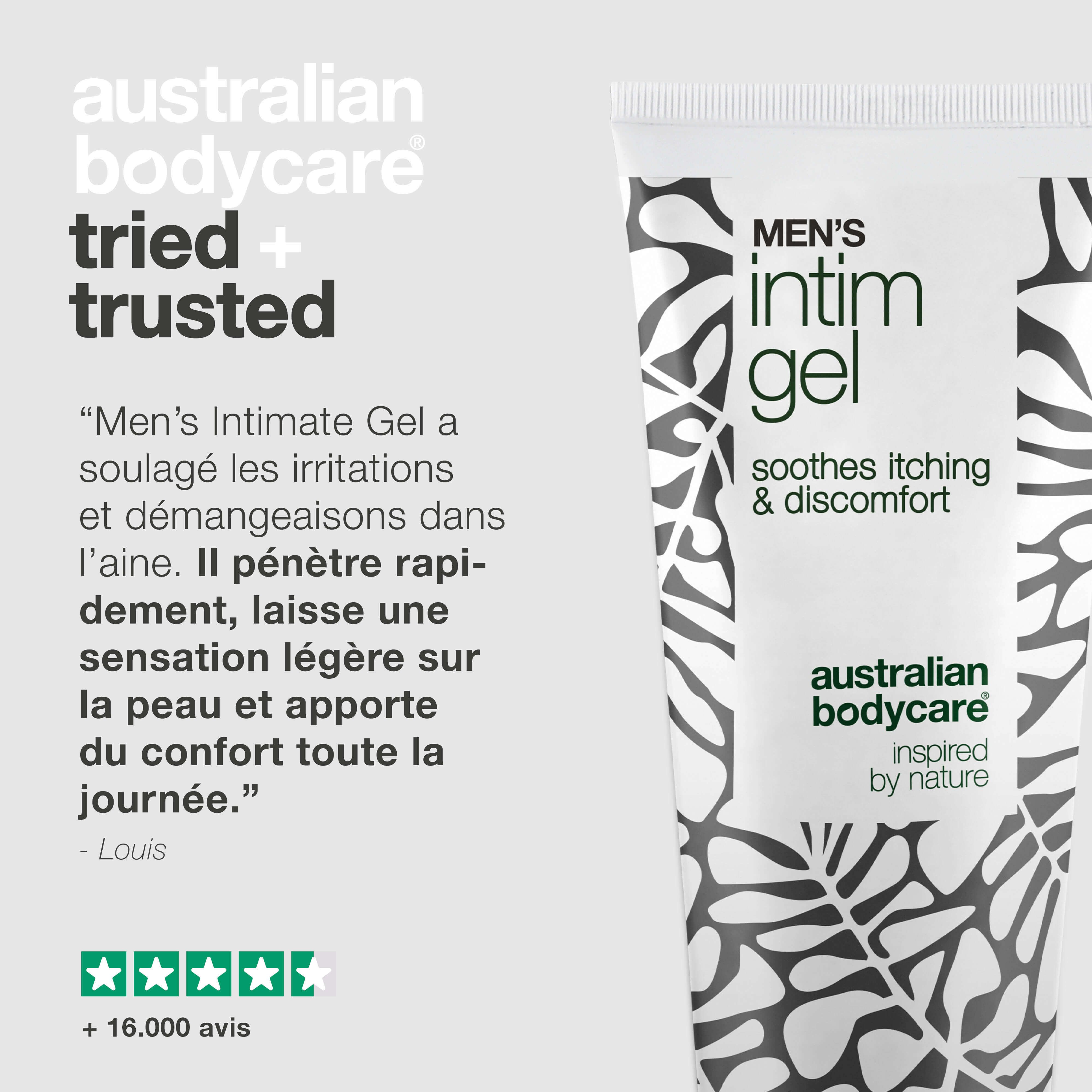 Tube de gel intime. Texte: Men's Intim Gel, apaise les démangeaisons et l'inconfort. Citation: Le gel intime a soulagé les irritations.