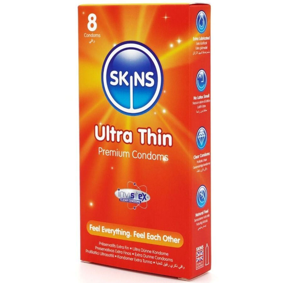 Boîte de 8 préservatifs SKINS Ultra Thin. Fond orange avec informations produit et logo.